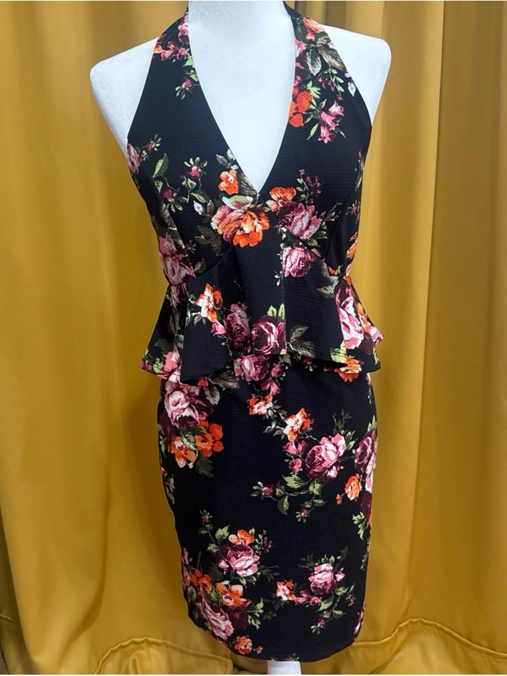 Halter Top Black Floral Peplum Dress with Pink & Orange Blooms